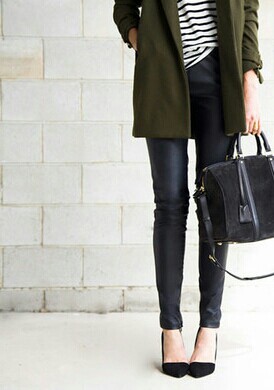 Leather and stripes paired with classic black accessories and an olive coat is perfectly timeless